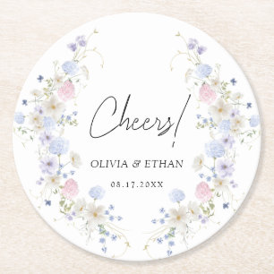 Spring Wildflowers Purple Pink Wedding Cheers Round Paper Coaster