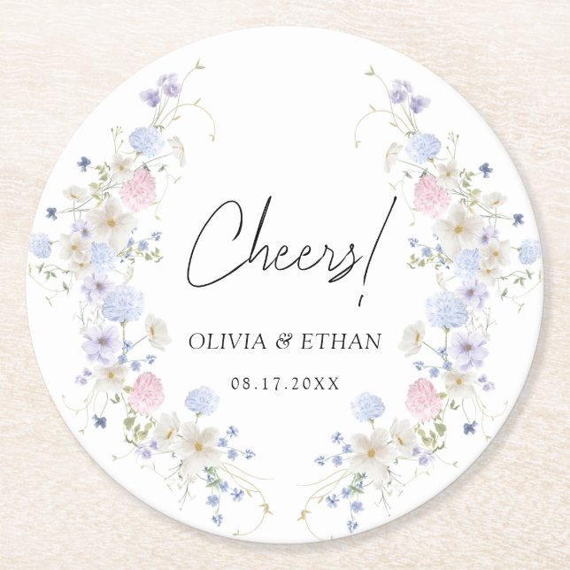 Spring Wildflowers Purple Pink Wedding Cheers Round Paper Coaster (Front)