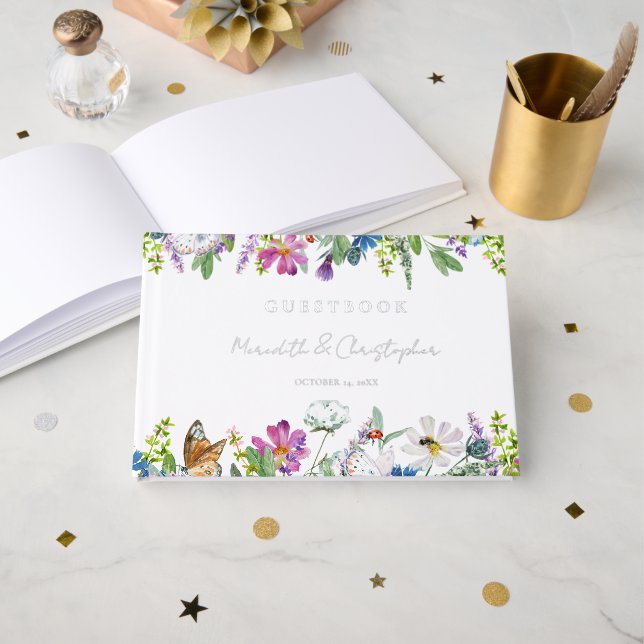Spring Wildflowers Wedding Real Foil Guest Book (Front Open)