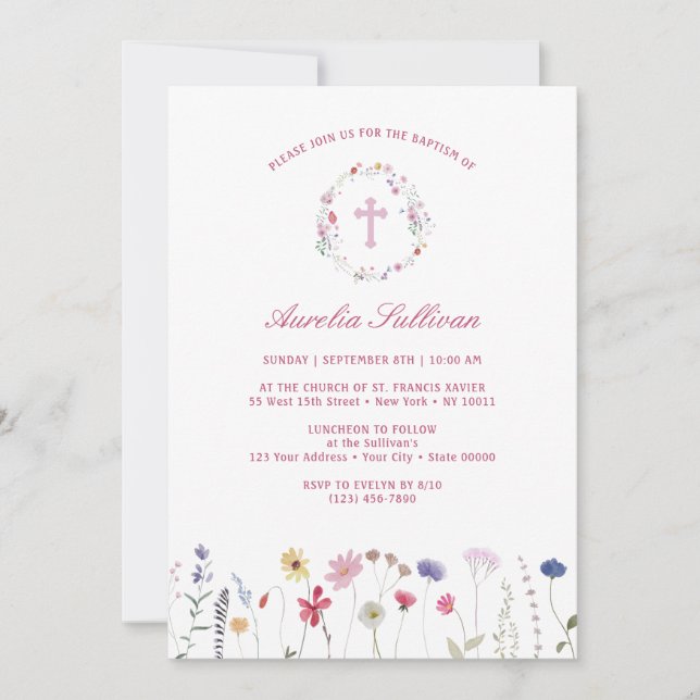 Spring Wildflowers Wreath Baptism Invitation (Front)