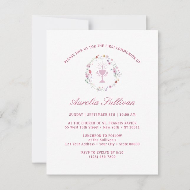 Spring Wildflowers Wreath First Communion Invitation (Front)