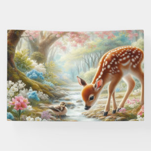Spring woods with duck and fawn/deer banner