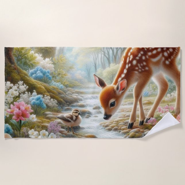 Spring woods with duck and fawn/deer  beach towel (Front)