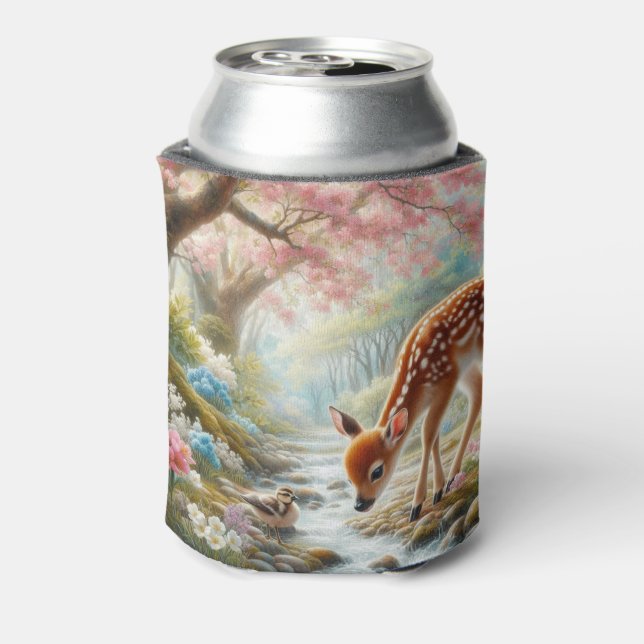 Spring woods with duck and fawn/deer  can cooler (Can Back)