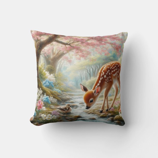 Spring woods with duck and fawn/deer  cushion (Front)