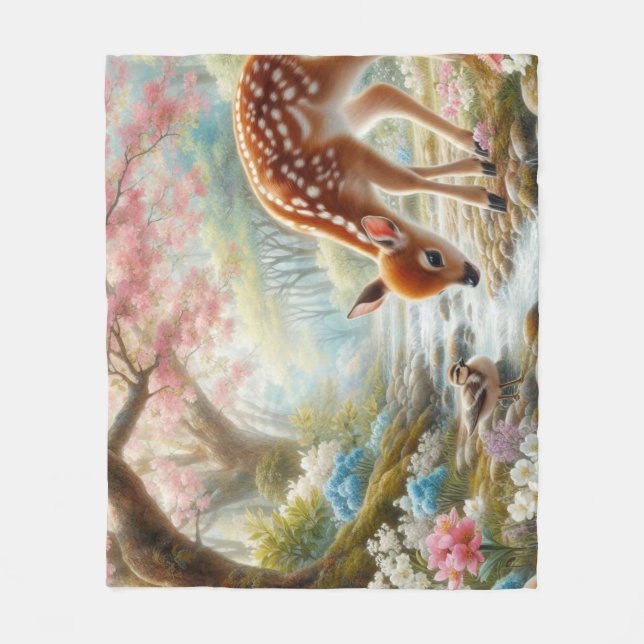 Spring woods with duck and fawn/deer  fleece blanket (Front)