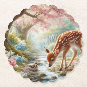 Spring woods with duck and fawn/deer paper coaster