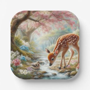Spring woods with duck and fawn/deer  paper plate