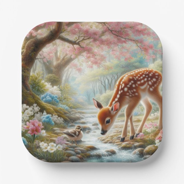 Spring woods with duck and fawn/deer  paper plate (Front)