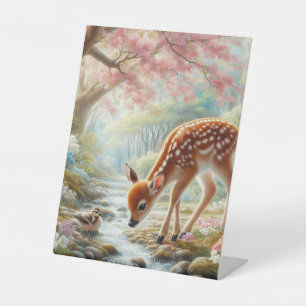 Spring woods with duck and fawn/deer pedestal sign