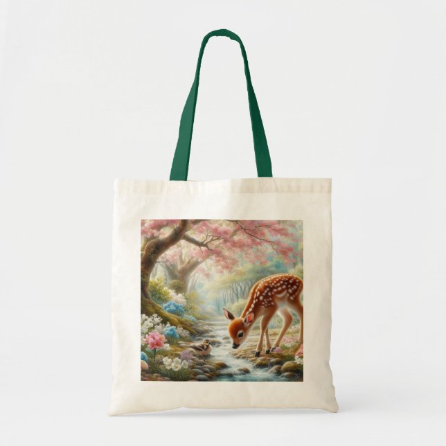Spring woods with duck and fawn/deer  tote bag (Front)