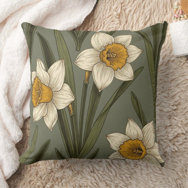 Spring Yellow Daffodil Floral Botanical Pattern Cushion (Blanket)