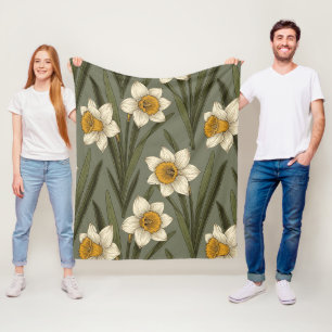 Spring Yellow Daffodil Floral Botanical Pattern Fleece Blanket