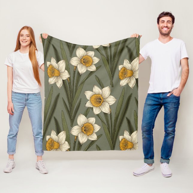 Spring Yellow Daffodil Floral Botanical Pattern Fleece Blanket (In Situ)