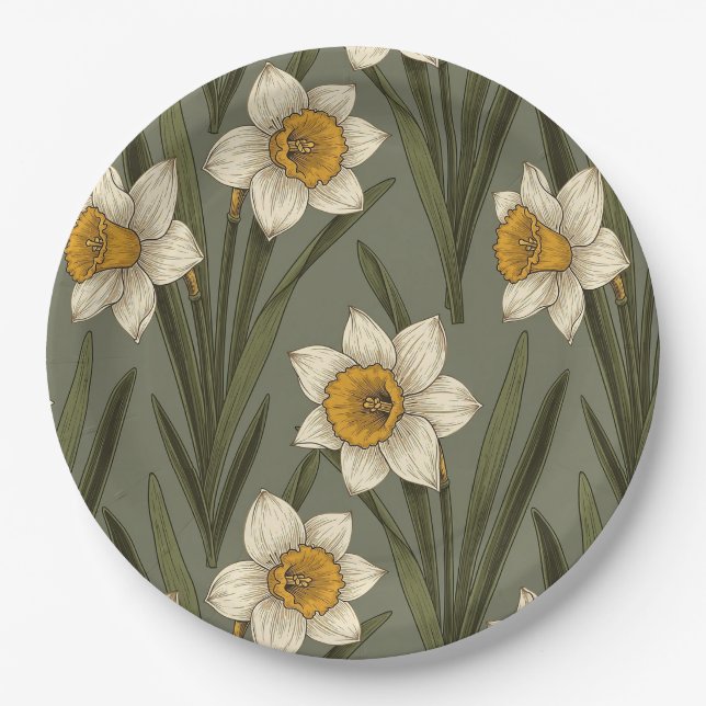 Spring Yellow Daffodil Floral Botanical Pattern Paper Plate (Front)