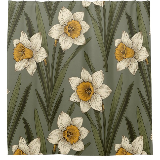 Spring Yellow Daffodil Floral Botanical Pattern Shower Curtain (Front)