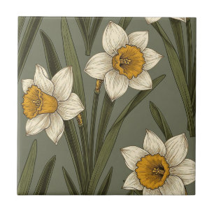 Spring Yellow Daffodil Floral Botanical Pattern Tile