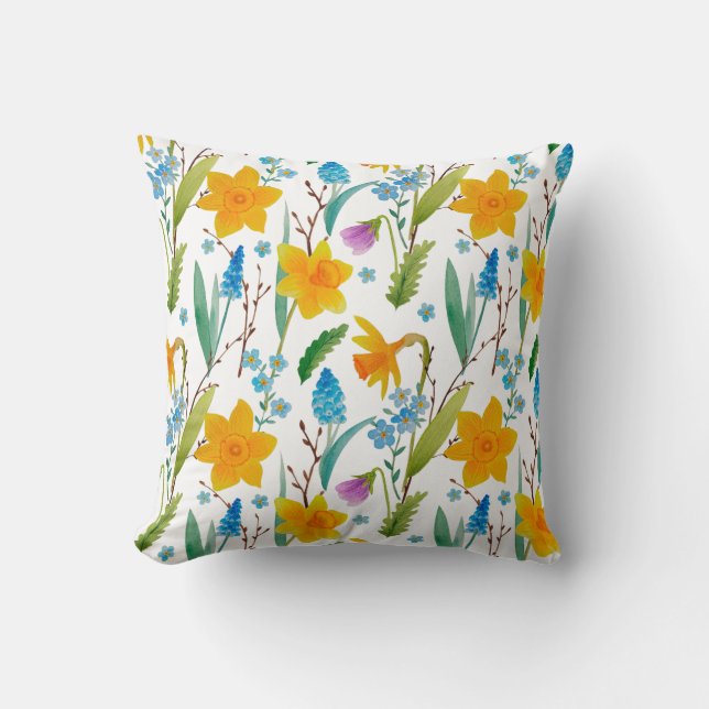 Spring Yellow Daffodil flower blue Decorative Cushion (Front)