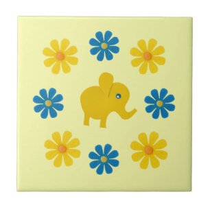 Spring yellow elephant, yellow, blue flowers tile
