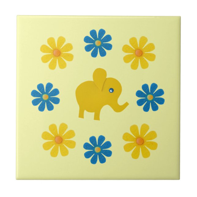 Spring yellow elephant, yellow, blue flowers tile (Front)