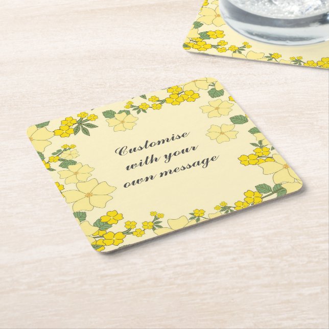 Spring Yellow Floral Pattern Custom Text Square Paper Coaster (Angled)