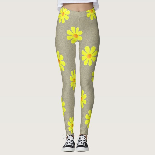 Spring yellow flowers on abstract grey background leggings (Front)