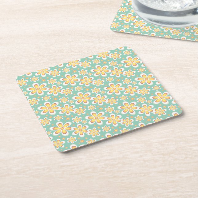 Spring Yellow Flowers on Green Square Paper Coaster (Angled)
