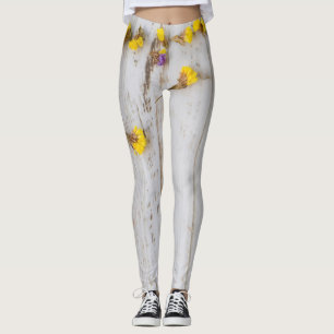 Spring yellow flowers, white plank decor. leggings