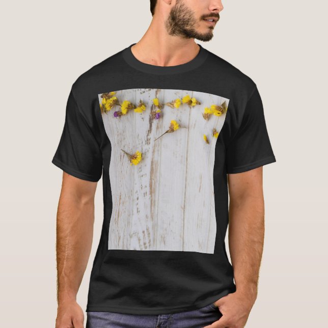 Spring yellow flowers, white plank decor. T-Shirt (Front)