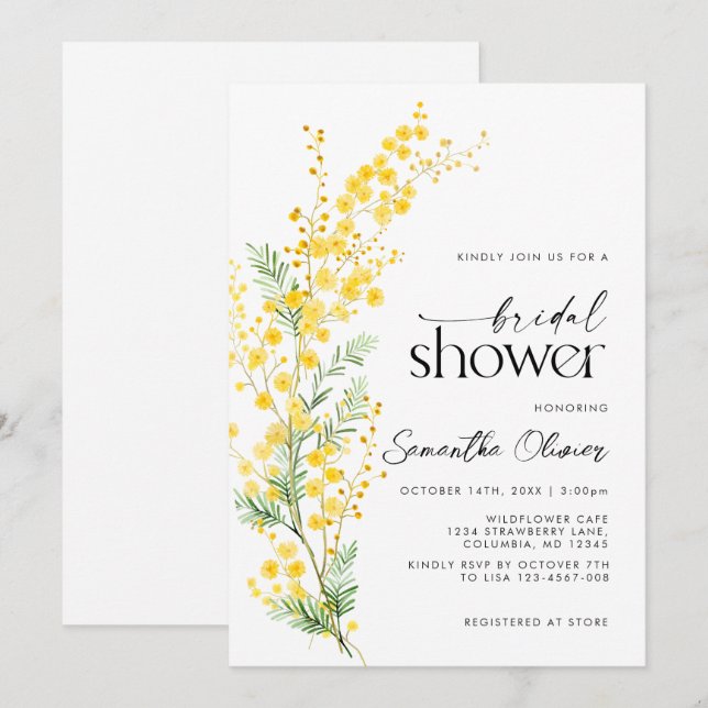 Spring Yellow Golden Mimosa Floral Bridal Shower Invitation (Front/Back)