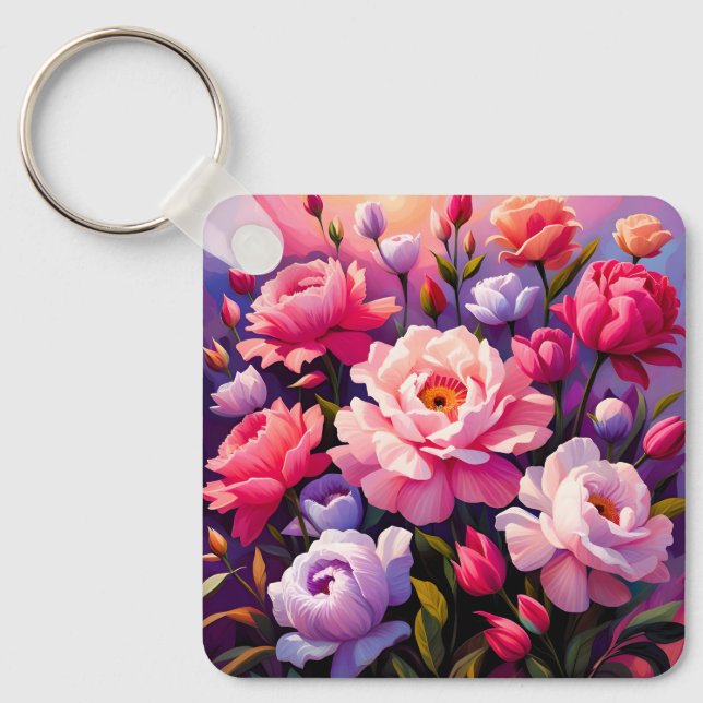 Spring Zen Sunrise Pink Blossom Garden  Key Ring (Front)