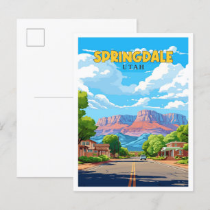 Springdale Utah vintage travel illustration Postcard