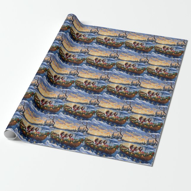 Springer Spaniel Christmas Boat Holiday Wrapping Paper (Unrolled)