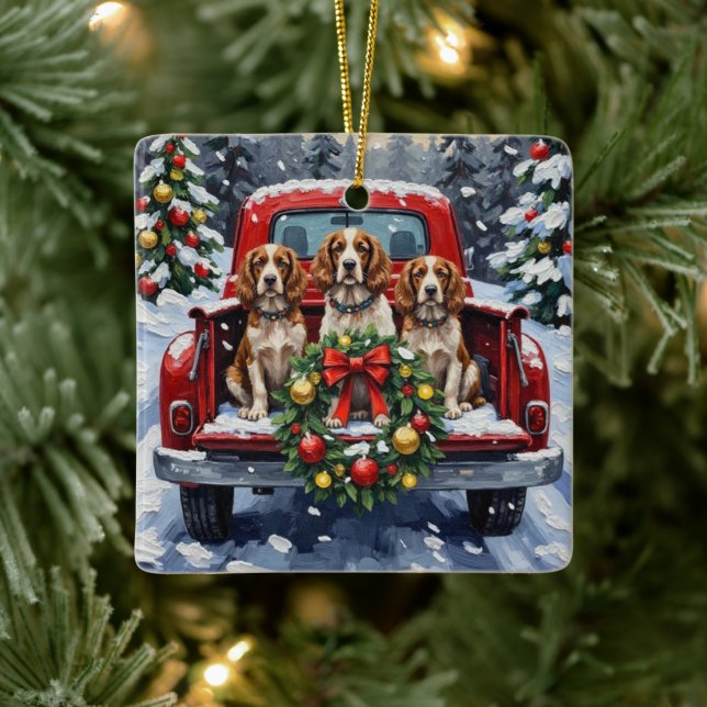 Springer Spaniel Christmas Red Truck Holiday Ceramic Ornament (Tree)
