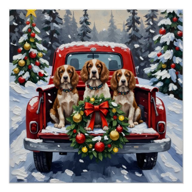 Springer Spaniel Christmas Red Truck Holiday Poster (Front)