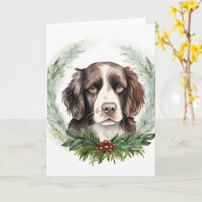 Springer spaniel Christmas Wreath Festive Pup Card (Yellow Flower)