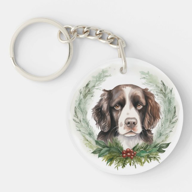 Springer spaniel Christmas Wreath Festive Pup Key Ring (Front)