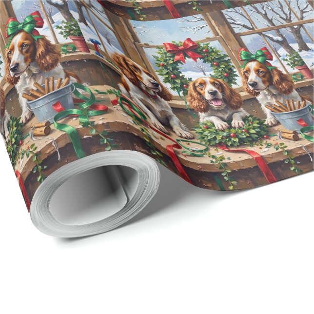 Springer Spaniel Christmas Wreath Making Holiday Wrapping Paper (Roll Corner)