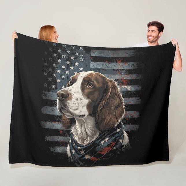Springer Spaniel Dog American Flag Fleece Blanket (In Situ)