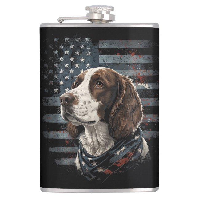 Springer Spaniel Dog American Flag Hip Flask (Front)