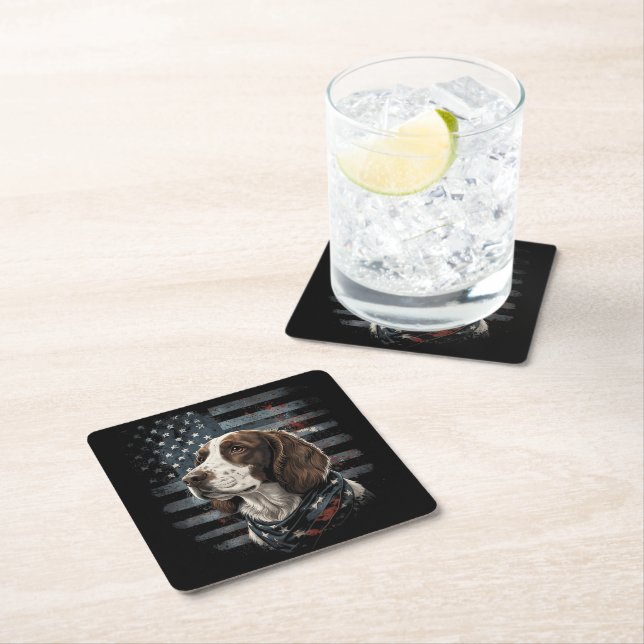 Springer Spaniel Dog American Flag Square Paper Coaster (Insitu)