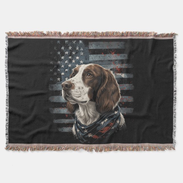 Springer Spaniel Dog American Flag Throw Blanket (Front)