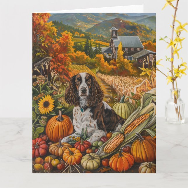 Springer Spaniel Dog Autumn Harvest Thanksgiving Card (Yellow Flower)