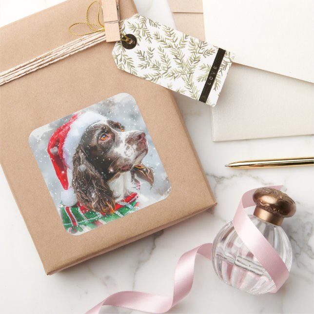 Springer Spaniel Dog Christmas Festive Square Sticker (Gifting)