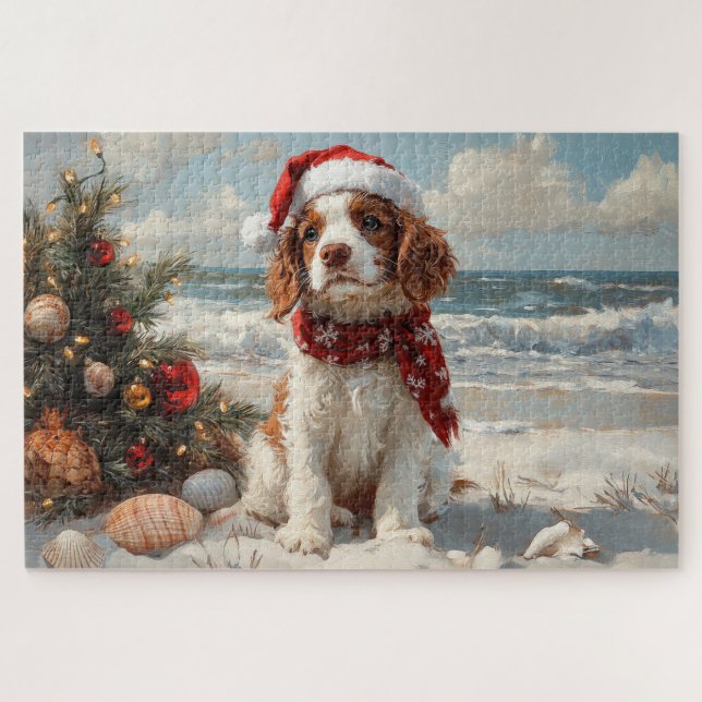 Springer Spaniel Dog Christmas Vintage Beach Jigsaw Puzzle (Horizontal)