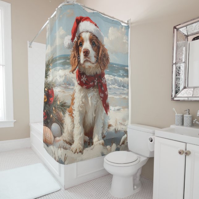 Springer Spaniel Dog Christmas Vintage Beach Shower Curtain (In Situ)