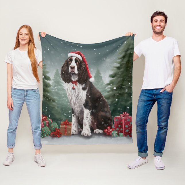 Springer Spaniel Dog in Snow Christmas Fleece Blanket (In Situ)