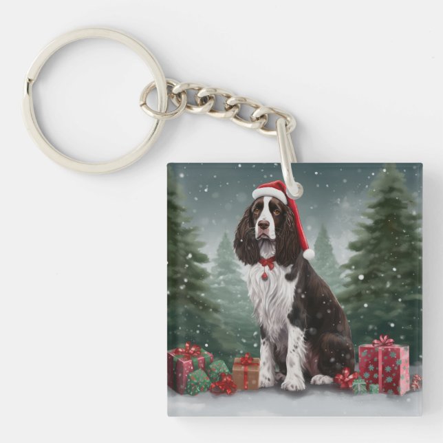 Springer Spaniel Dog in Snow Christmas Key Ring (Front)