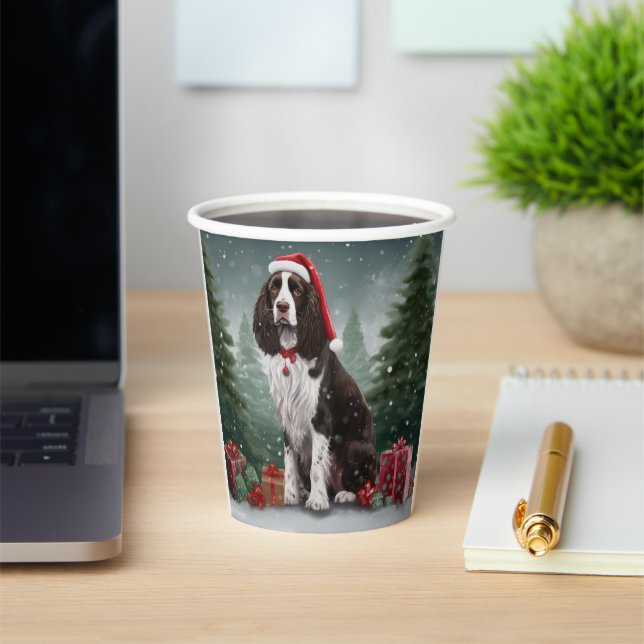 Springer Spaniel Dog in Snow Christmas Paper Cups (Insitu)