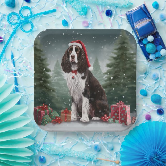 Springer Spaniel Dog in Snow Christmas Paper Plate (Party)